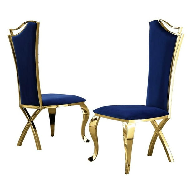 Elegant Side Chairs in Navy Blue Velvet and Gold Stainless Steel (Set