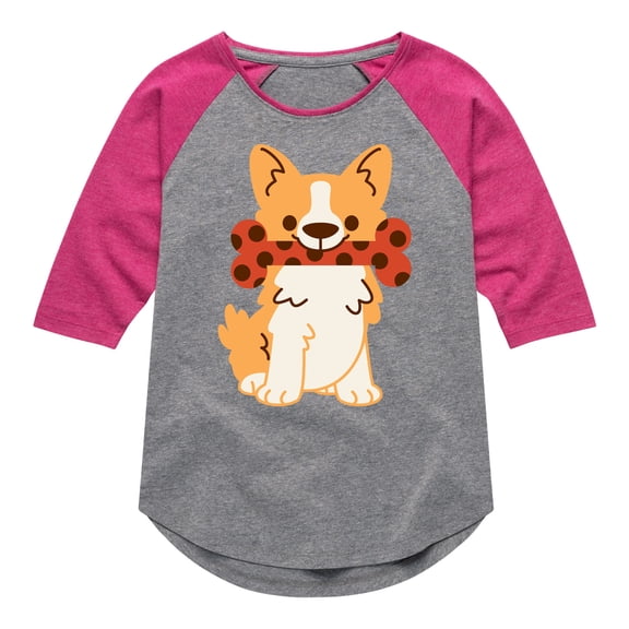 Instant Message - Corgi With Bone - Toddler And Youth Girls Raglan Graphic T-Shirt