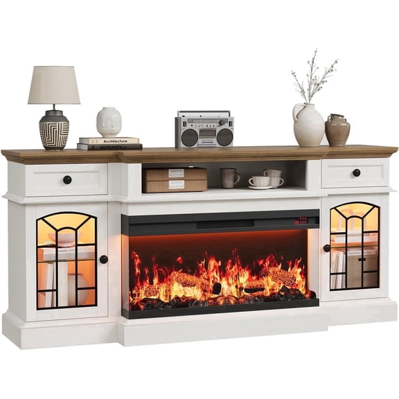 Vecenuy 70"3-Sided Glass Fireplace TV Stand for TVs up to 80'' Entertainment Center with Open Shelf and Cabinet, TV Console for Living Room, Antique White