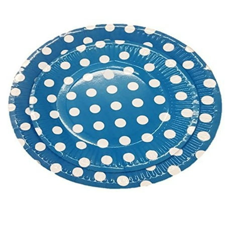 24 Blue And White Polka Dot Dinner And Dessert Plates- Pack Of 24- Includes 12 9 Inch And 12 7 Inch Party Plates. By Premium Disposables.