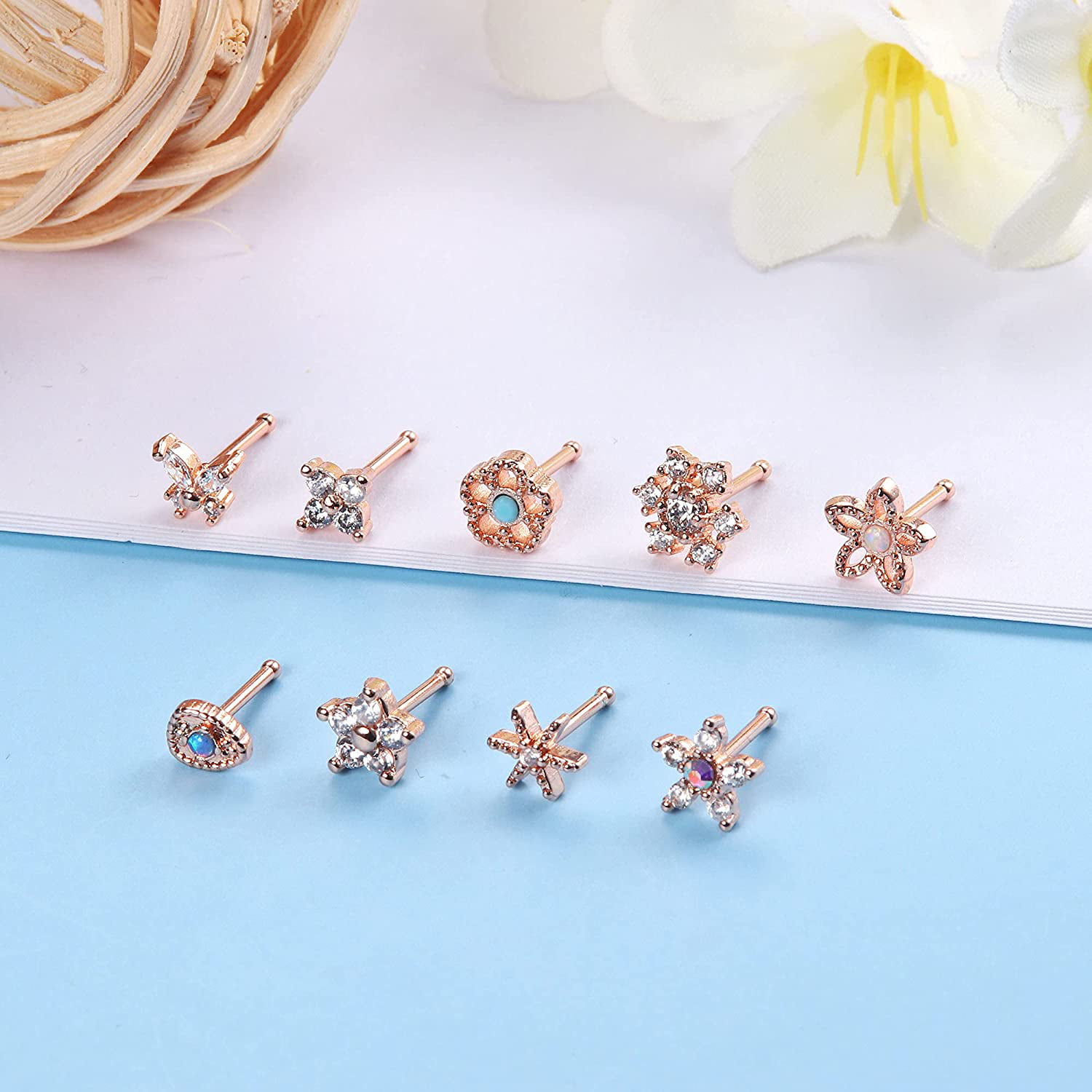 THUNARAZ 20G Surgical Steel Nose Ring Studs for Women Flower/Butterfly/Snowflake Opal CZ Nose Piercing L-Shape Screw Bone Nostril Piercing Jewelry 