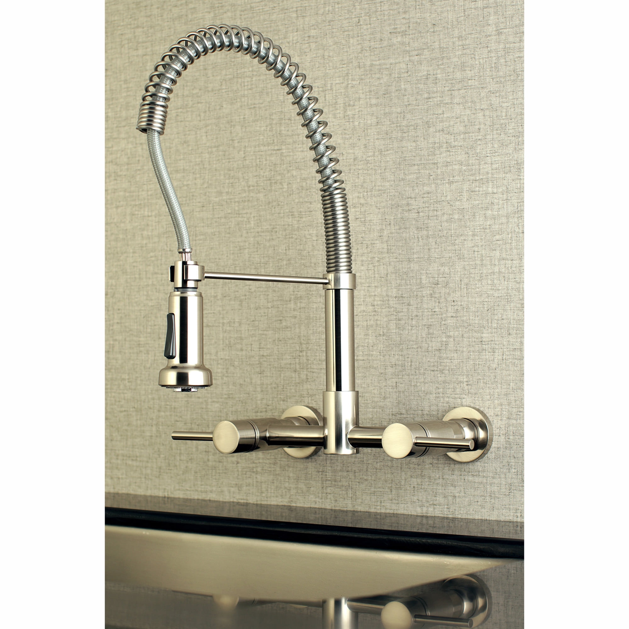 Gourmetier GS8188DL Concord Double-Handle Wall-Mount Pre-Rinse Bridge Kitchen Faucet, Brushed Nickel