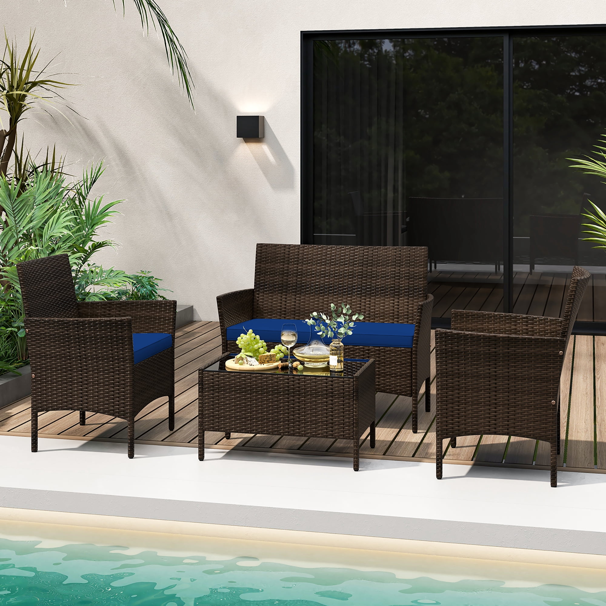 Gymax 4 PCS Patio Rattan Conversation Set Outdoor Wicker Furniture Set w/ Chair & Loveseat