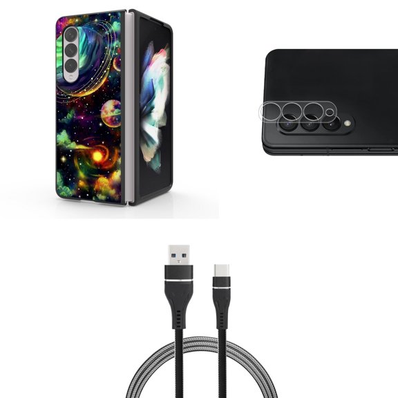 Accessory Bundle for Galaxy Z Fold 4: Slim Snap-On Case (Planet Cosmos), Rear Camera Glass Protector, Nylon Braided USB-C to USB-A Cable (3 Feet)