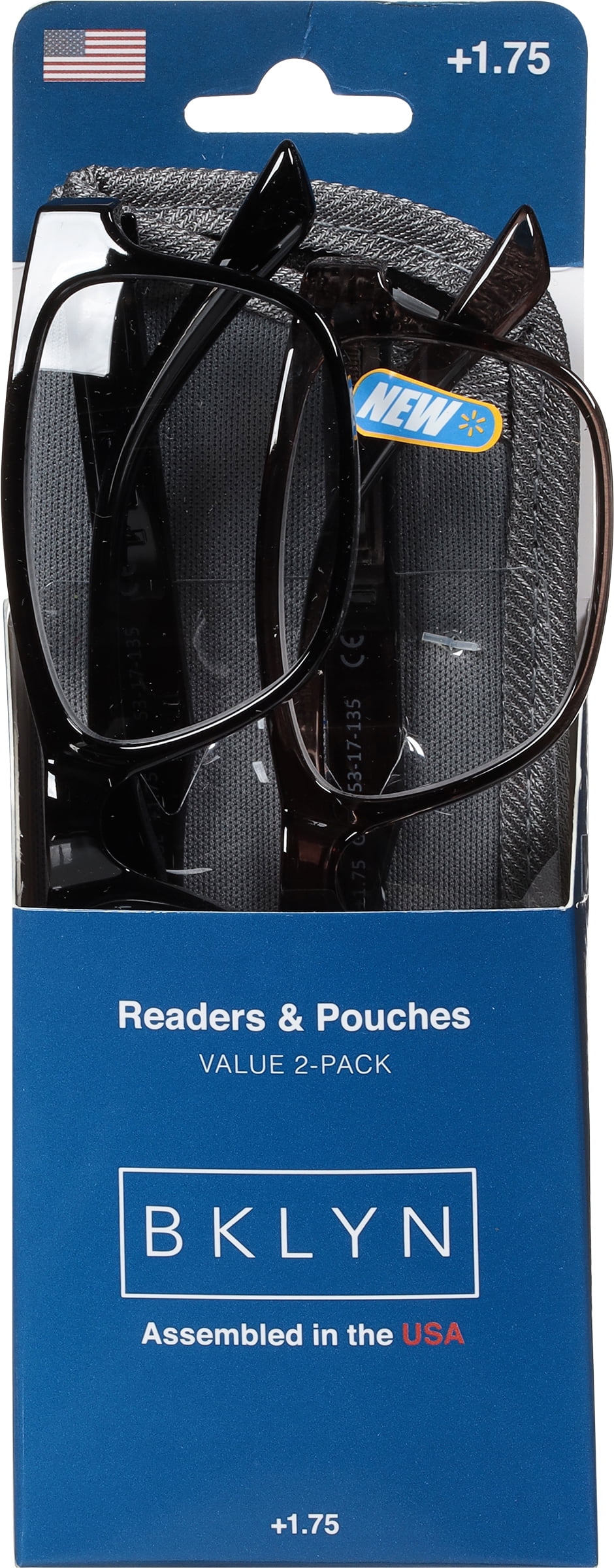 (2 pack) Bklyn, Montrose +1.75, Adult, Mens, Plastic Reading Glasses & Pouches Value Pack , 2 Ea