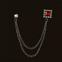 K-KED Retro Gem Brooch Men's Suit Pin Rhinestone Cross Tassel Lapel Pins with Chain-Red Silver