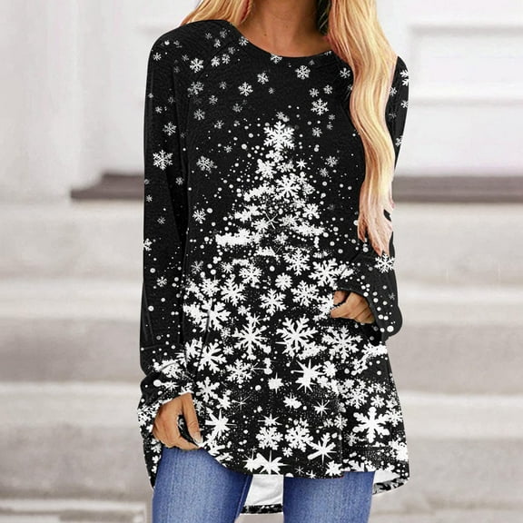 FDGIU Christmas Graphic Tops for Women - Loose Fit Tunic Blouses with Season Snowflake Print, Fall Holiday Tees,Funny Christmas Long Sleeve Tops