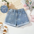 thumbnail image 2 of mgoYE Pants Girls Girl's Cute Bow Graphic Jean Shorts Y2k High Wasited Straight Leg Mini Denim Shorts with Pocke |Light Blue,6-7 Years, 2 of 5