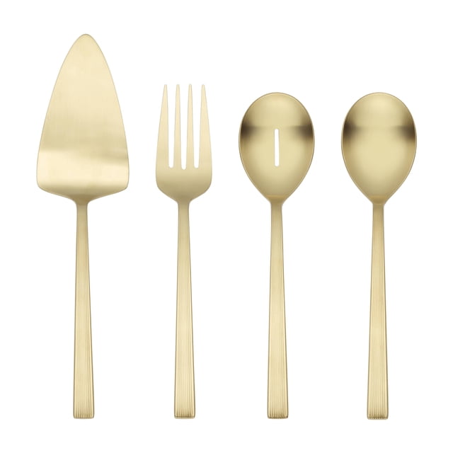 Better Homes and Gardens River Gold Satin 4-piece serve set with pie server, serving fork, slotted spoon, and serving spoon in gold satin finish.
