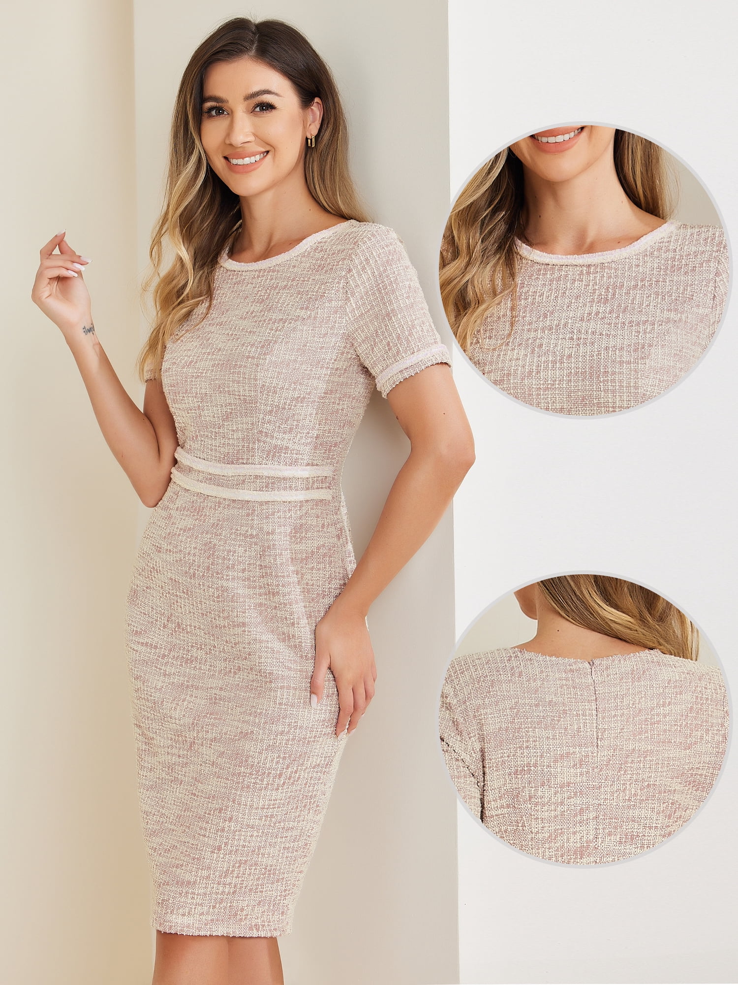 DARING DIVA Women's Tweed Office Bodycon Pencil Midi Dresses XL Pink