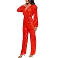 thumbnail image 3 of Wo-Fusoul Women's Solid Color High-Waist Long Sleeve V-Neck Sequined Jumpsuit, Off-Shoulder Slim Fit, 3 of 5