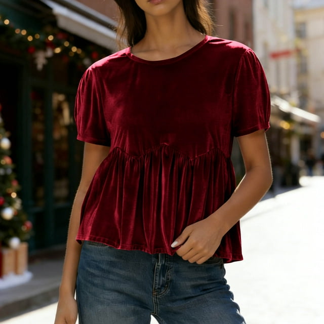 TaTaai Women's Velvet Blouse, Elegant Trumpet Sleeve Swing Top, Short Sleeve Round Neck Shirt, Holiday Party Evening Wear for Christmas New Year Gift
