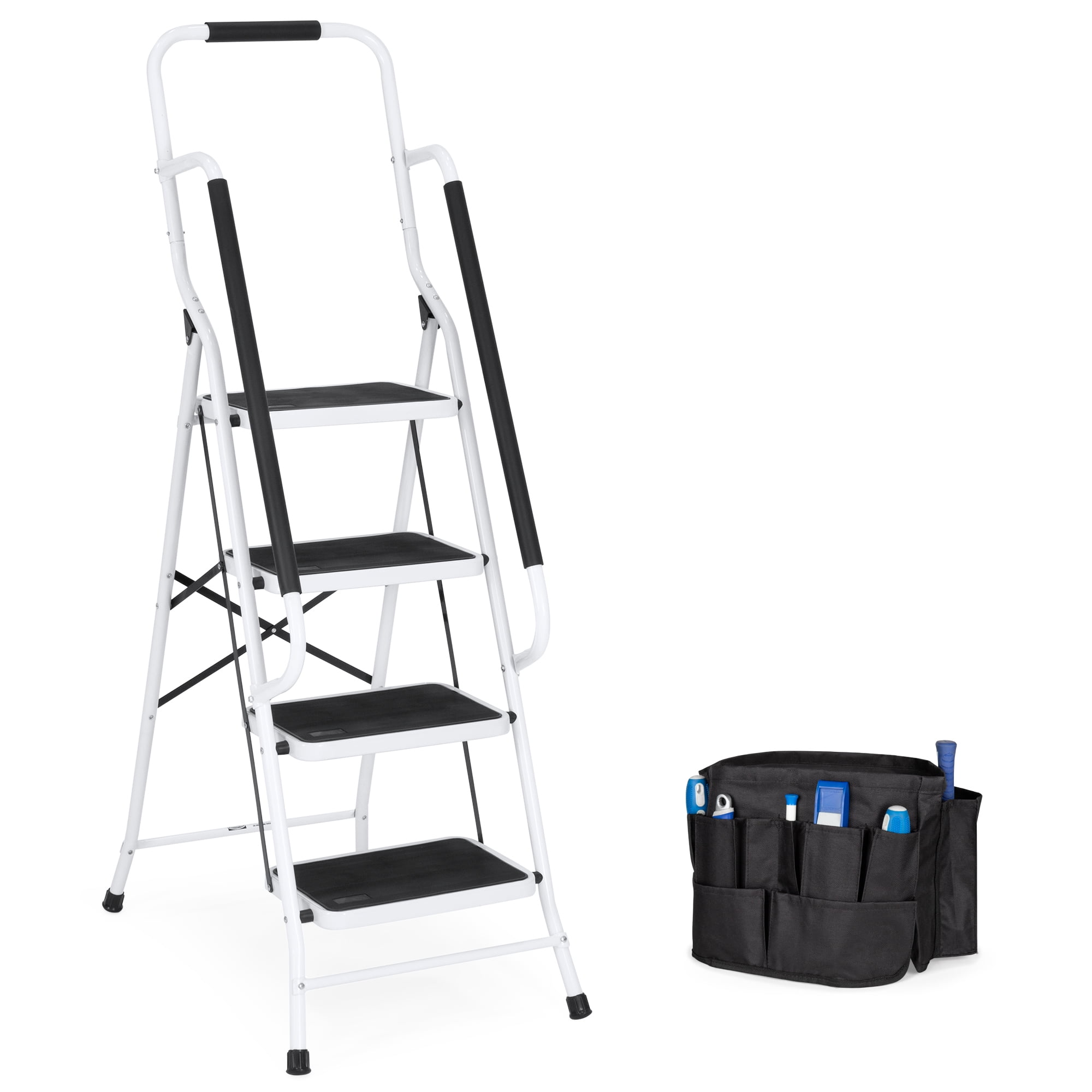 4 Step Ladder Folding Portable with Anti-Slip Rubber Mat Safety Handrail 150kg/330lbs Load Heavy Duty Steel 