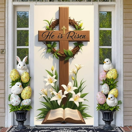 Wooden Cross Resurrection Banner Crown of Thorns Easter Display White Lilies Green Leaves Christian Backdrop for Easter Celebration Church Events Religious Gatherings