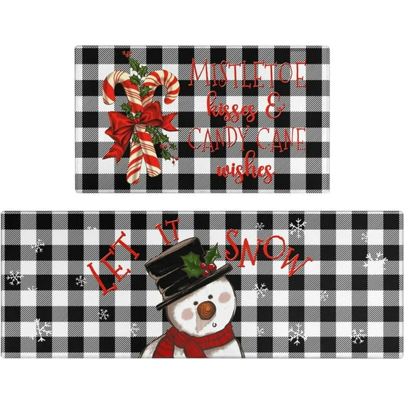 Buffalo Plaid Snowman Christmas Kitchen Rugs and Mats Set 2 Piece for Floor, Let It Snow Xmas Winter Holiday Non Skid Low-Profile Sink Rug Mat Decorations for Home Kitchen 18"x48" 18"x30"