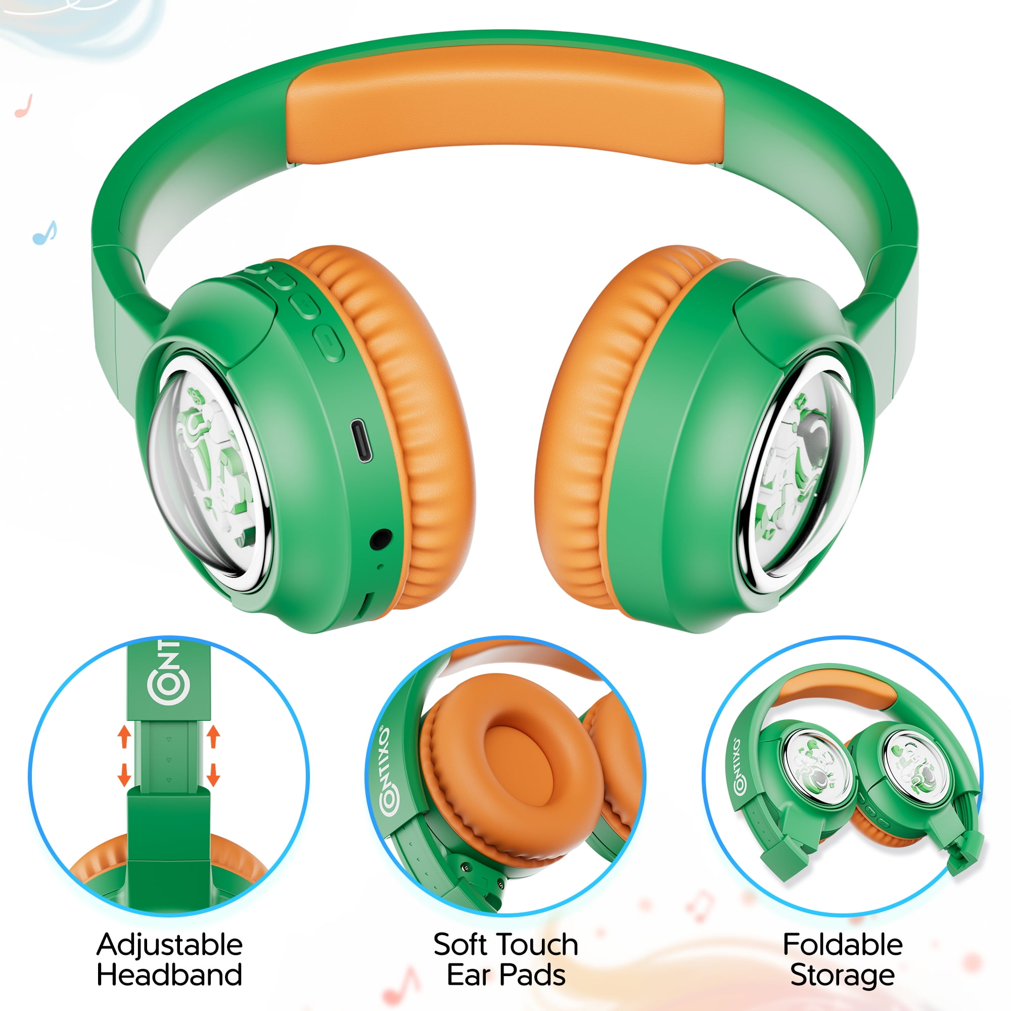 Contixo Foldable Kids Headphones with Microphone, Noise-Limiting Bluetooth Headphones, Green