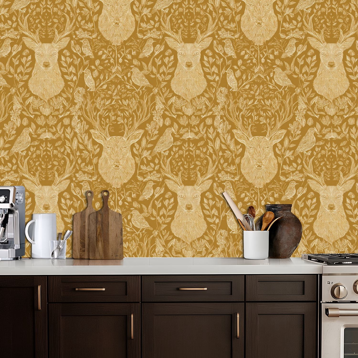 Hunt Peel and Stick Wallpaper 17.7in x 9.8ft Whimsical Floral Fauna Deer Birds Mustard Contact Paper Vinyl Waterproof Self Adhesive Wall Paper for Bedroom Shelf Cabinet Renter Friendly