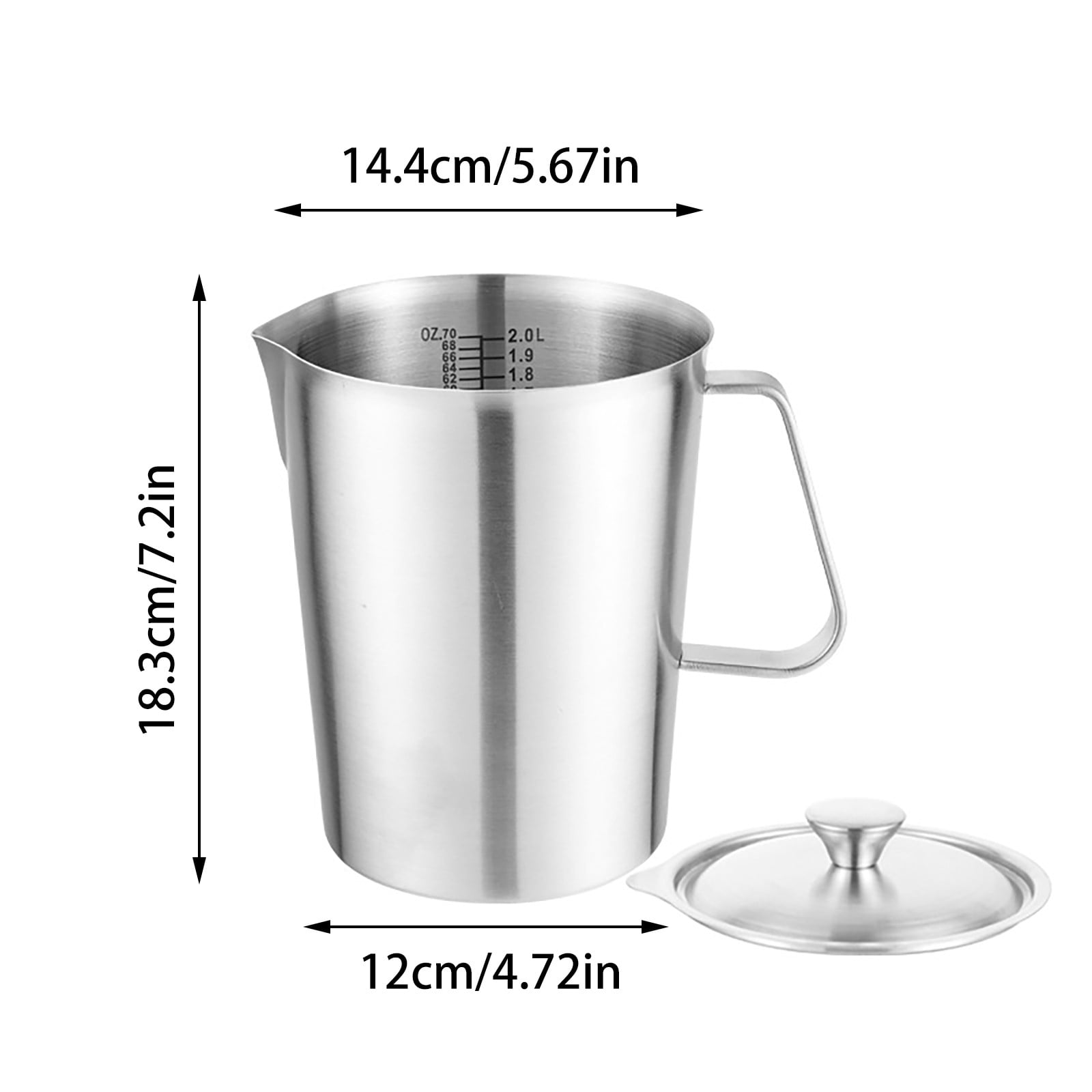 Stainless Steel Measuring Cup 2L Milk Jug with Lid for Coffee Latte Cappuccino Juice Smoothie Practical Metal Pitcher with Handle and Scale