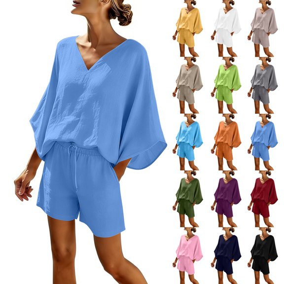 VBVC Women's 2 Piece V-Neck Batwing Sleeve Shorts Set, Ladies' Soft Breathable Top and Drawstring Shorts,Summer Loungewear For Women,Army Green,S-2XL