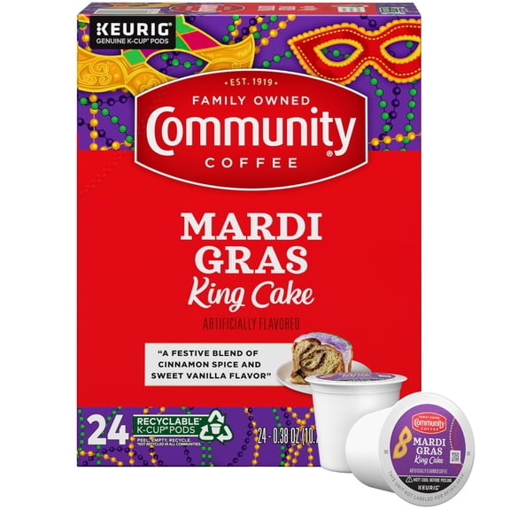 Community Coffee Mardi Gras King Cake Flavored 24 Count Coffee Pods, Medium Roast, Compatible with Keurig 2.0 K-Cup Brewers, 24 Count (Pack of 1)