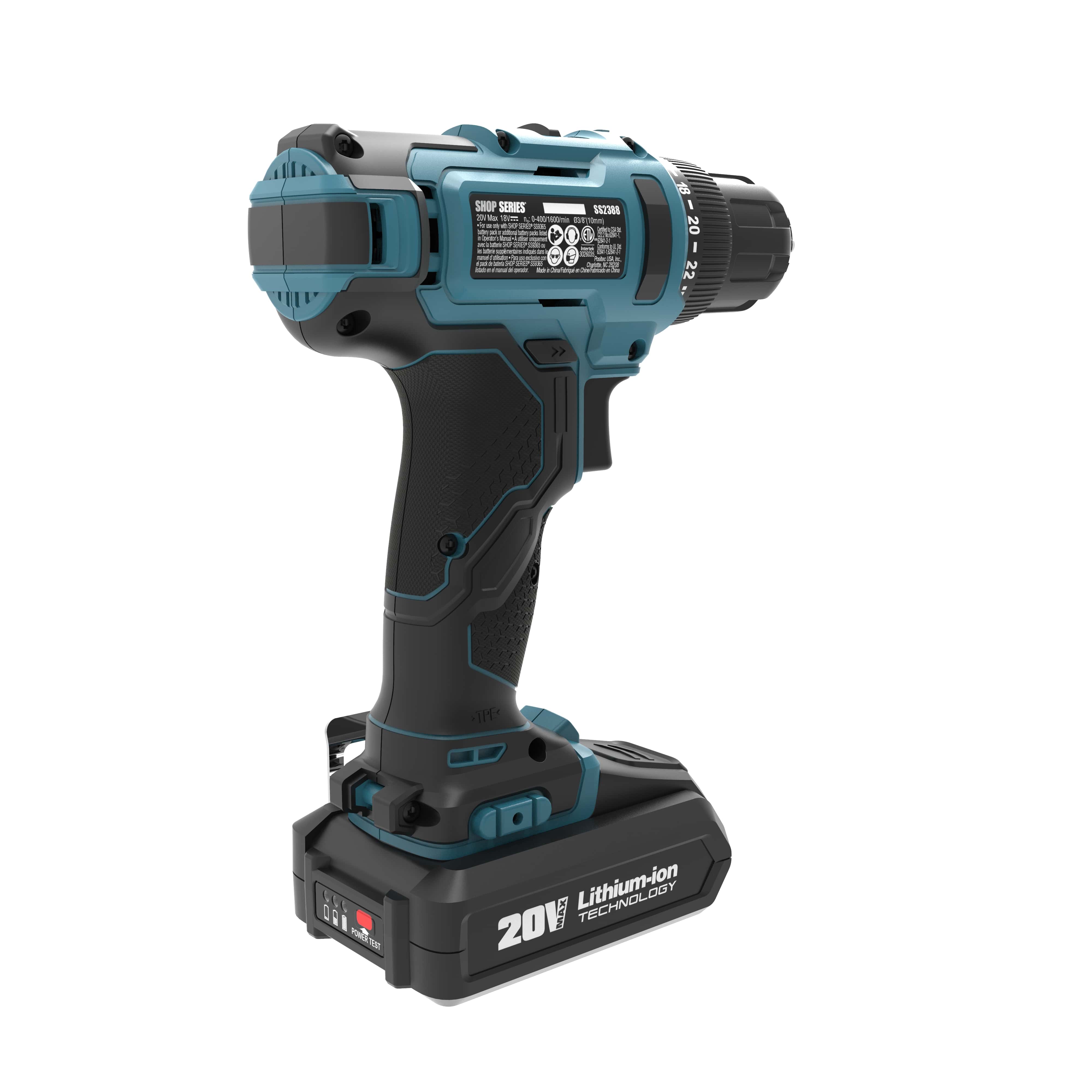 Shop Series SS2388 20V Battery Powered Cordless Drill Driver 2 Ah 3/8 in Chuck with Bit Set Battery and Charger Included