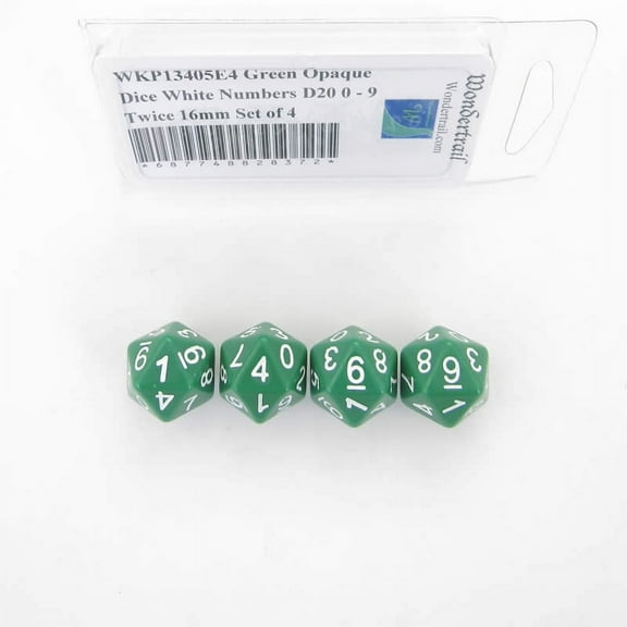 Green Opaque Dice with White Numbers D20 0 - 9 Twice 16mm (5/8in) Set of 4 Wondertrail