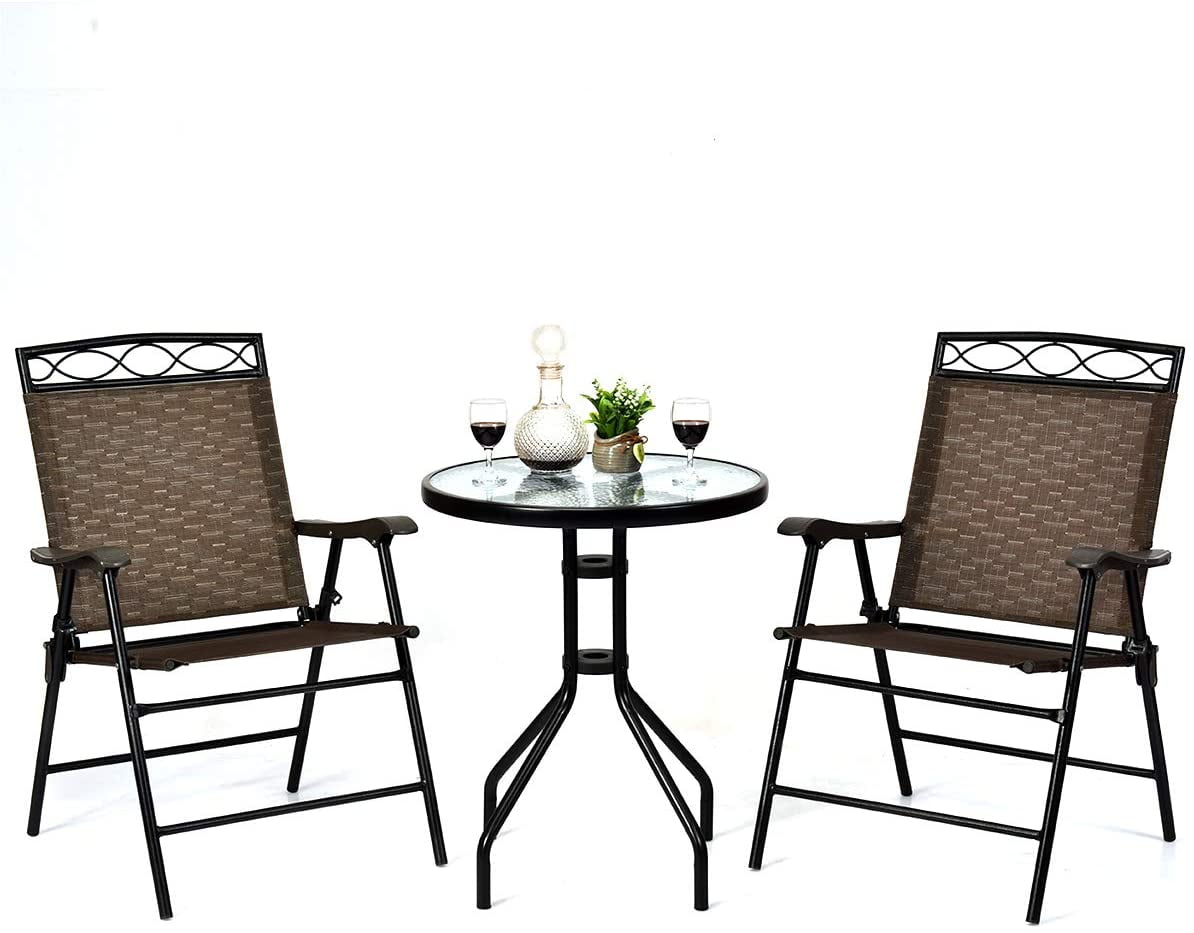 Patio Dining Set Round Glass Table with 2 Patio Folding Chairs, Outdoor