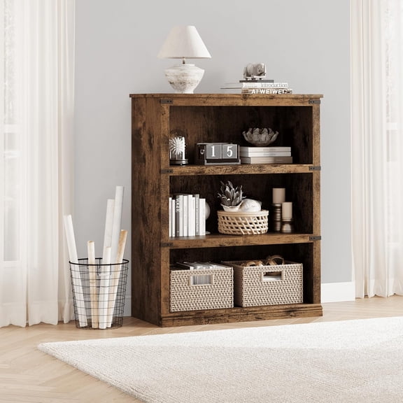3 Tier Farmhouse Bookcase Wooden Bookshelf with Heavy Duty Open Shelves for Living Room Brown