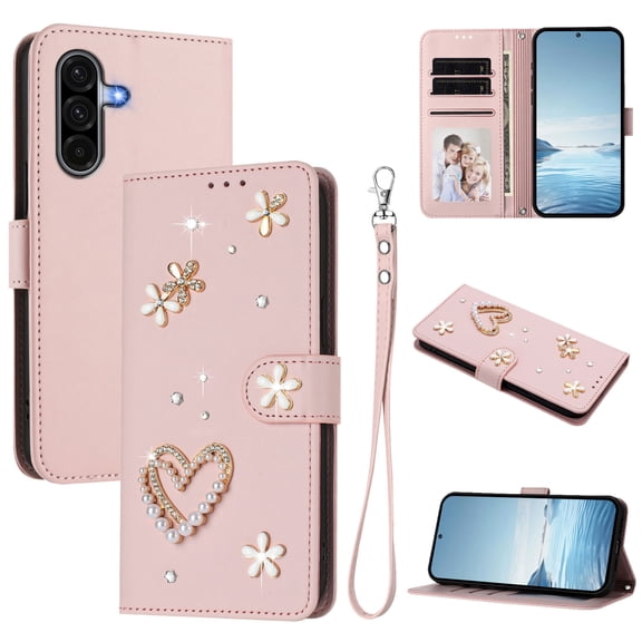 Case for Samsung Galaxy A36 5G, PU Leather Wallet Case with Pearl Rhinestone Heart Floral Design, Magnetic Clasp Wrist Strap Card Slots Cash Pocket Kickstand Drop Protective Phone Cover, Rosegold