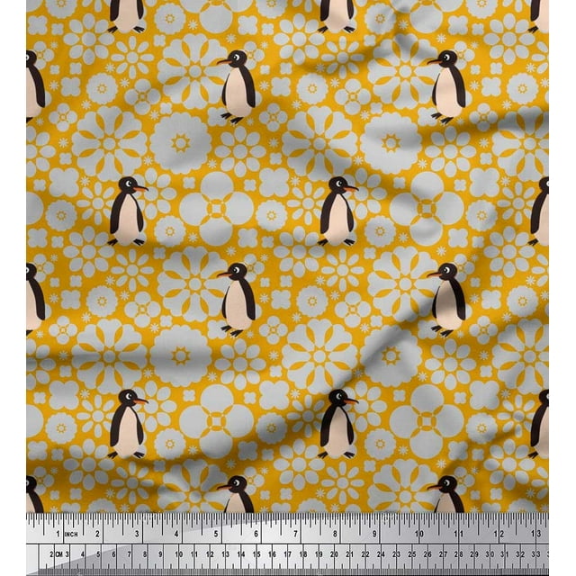 Soimoi Polyester Crepe Fabric Floral & Penguin Ocean Printed Craft Fabric by The Yard 42 Inch Wide