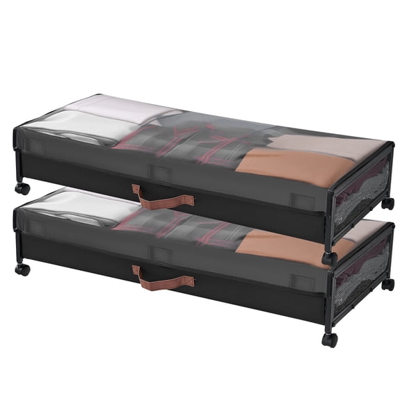 KFFKFF Under Bed Storage with Wheels, 36.0 x 18.1 x 7.3 inch, Rolling Storage Bins with Transparent Lid, Underbed Organizer for Clothes, Shoes, Blankets, Bedroom Essentials, Set of 2