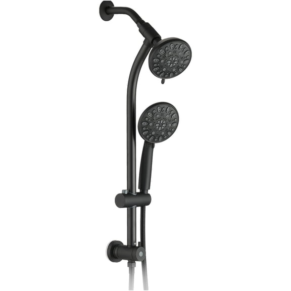 JERFIT Matte Black Dual Shower Head System with 7-Spray Rain Showerhead, Handheld, Slide Bar & No-Drill Mount