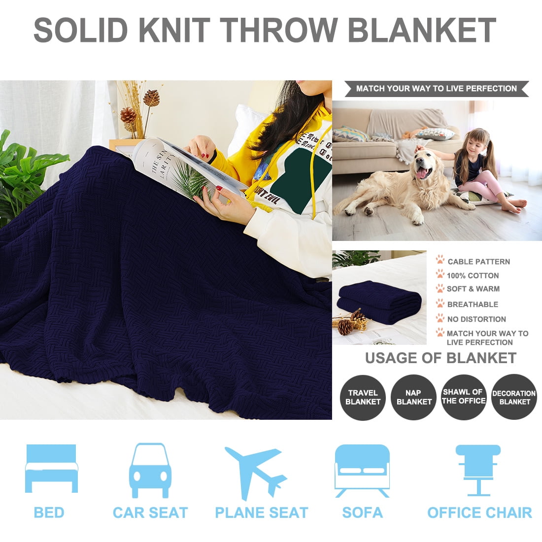 Unique Bargains 100% Cotton Cable Knit Sofa Throw Blanket Navy Blue 47" x 70"