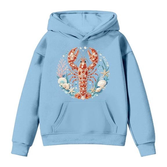 ZHOGXU Boys Girls Lobster Ocean Print Pullover Hoodie Long Sleeve Casual Sweatshirt Top With Pocket For Kids Youth Streetwear,Blue,3-4 Years