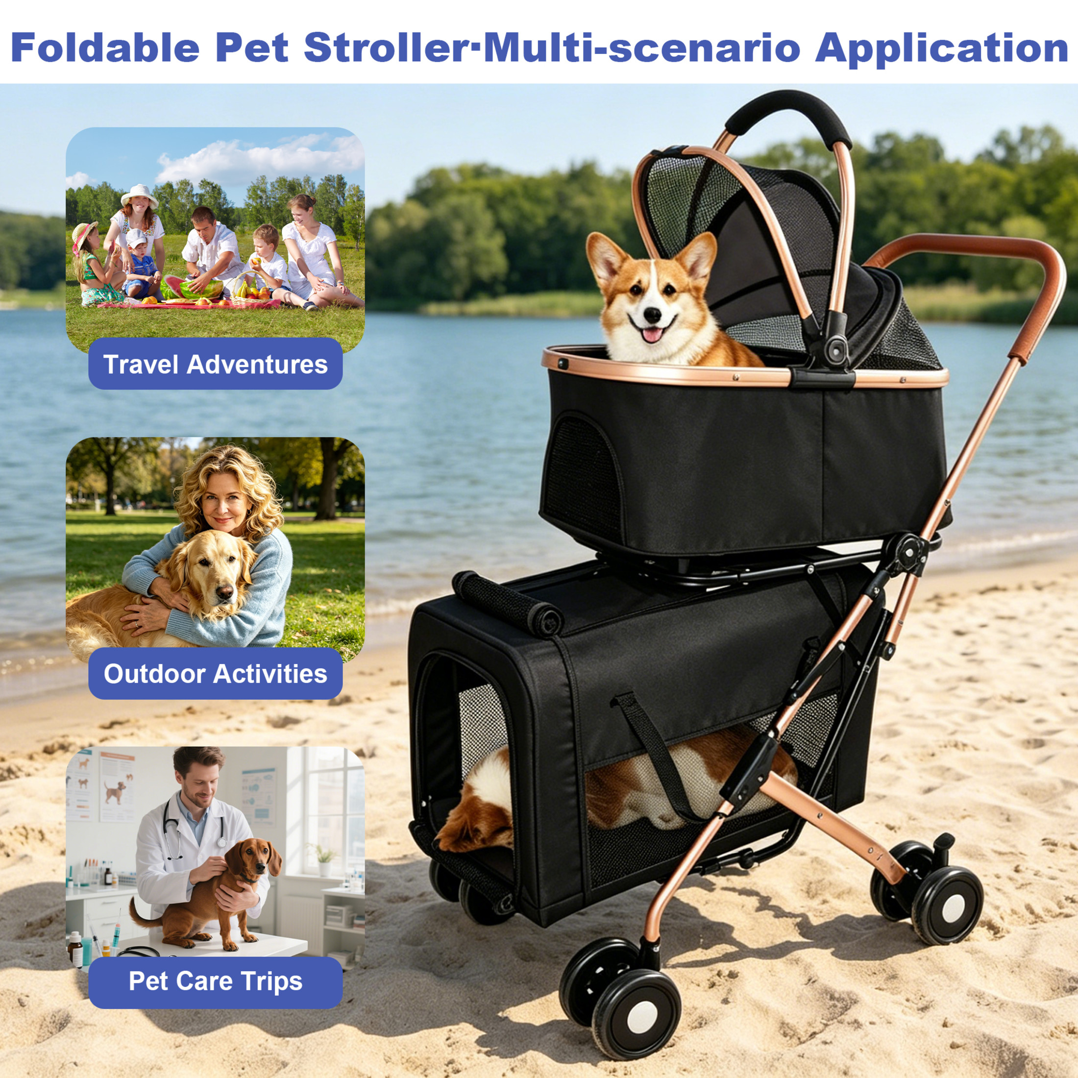 Noble House 3-in-1 Double Pet Stroller for Dogs & Cats with Detachable Carriers, Foldable Frame, Black