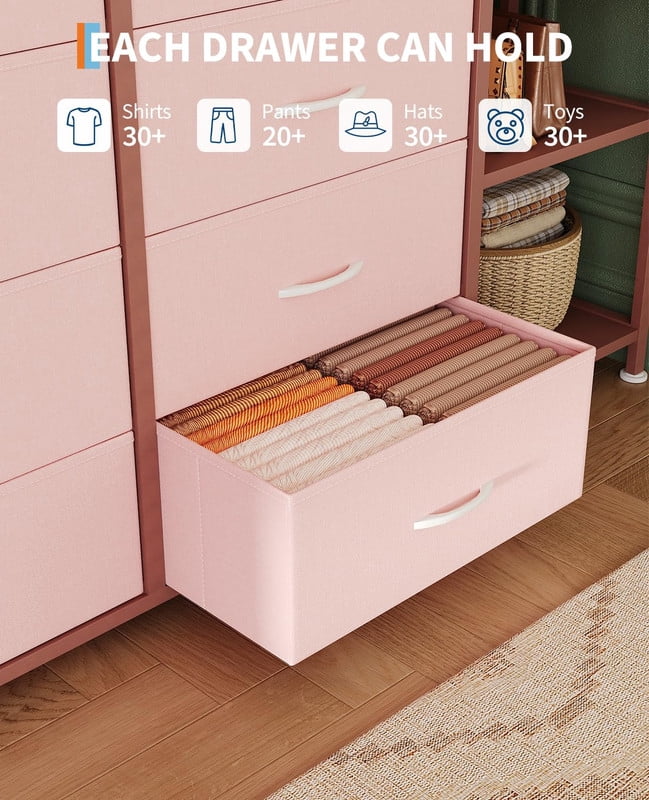 TROPOW Tall Dresser for Bedroom with 16 Drawers & Clothes Rack & 2 Storage Shelves, Fabric Dressers & Chests of Drawers, Large Closet Dresser for Storage and Organization