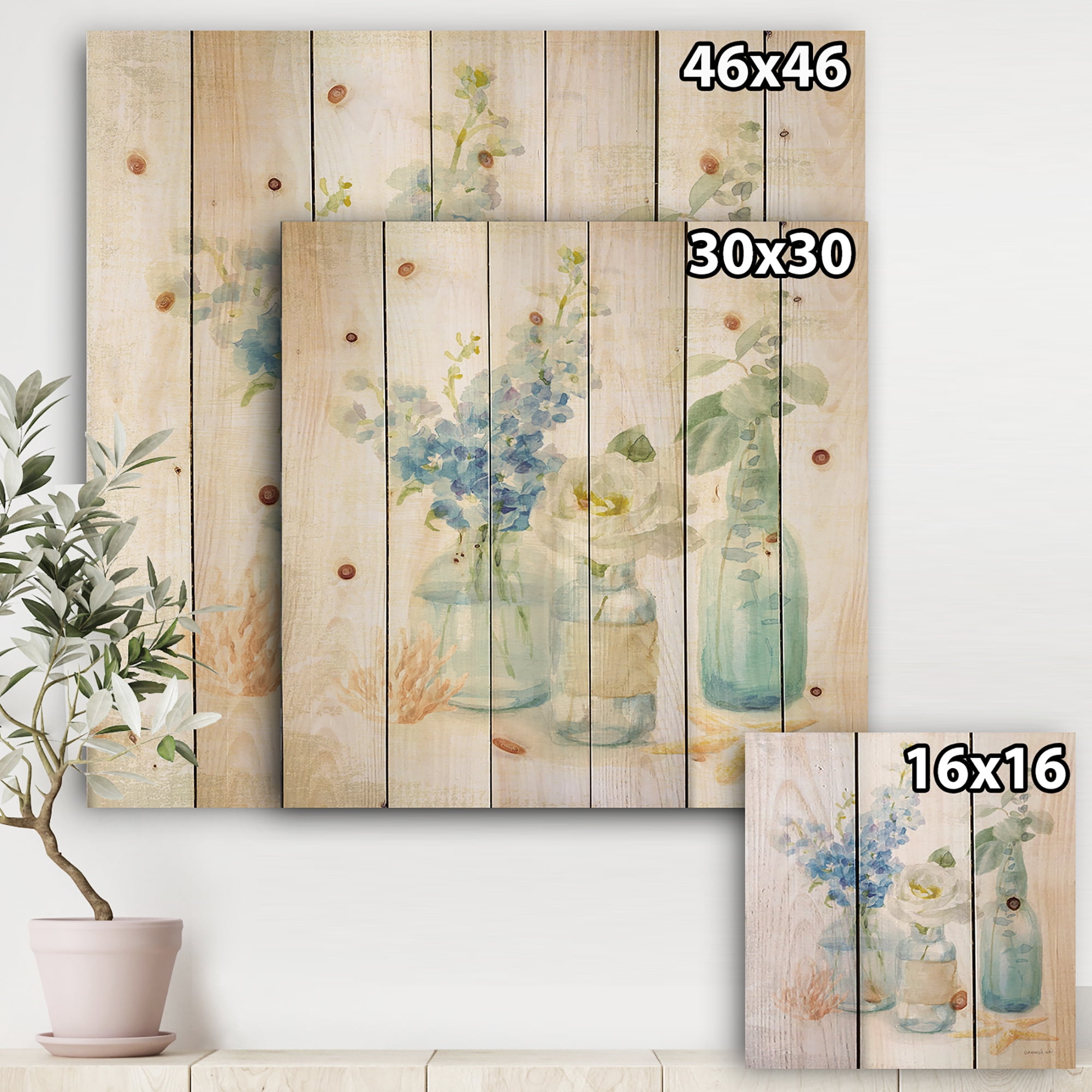 Designart 'Cottage Flowers In Glass Bottles' Farmhouse Print on Natural Pine Wood