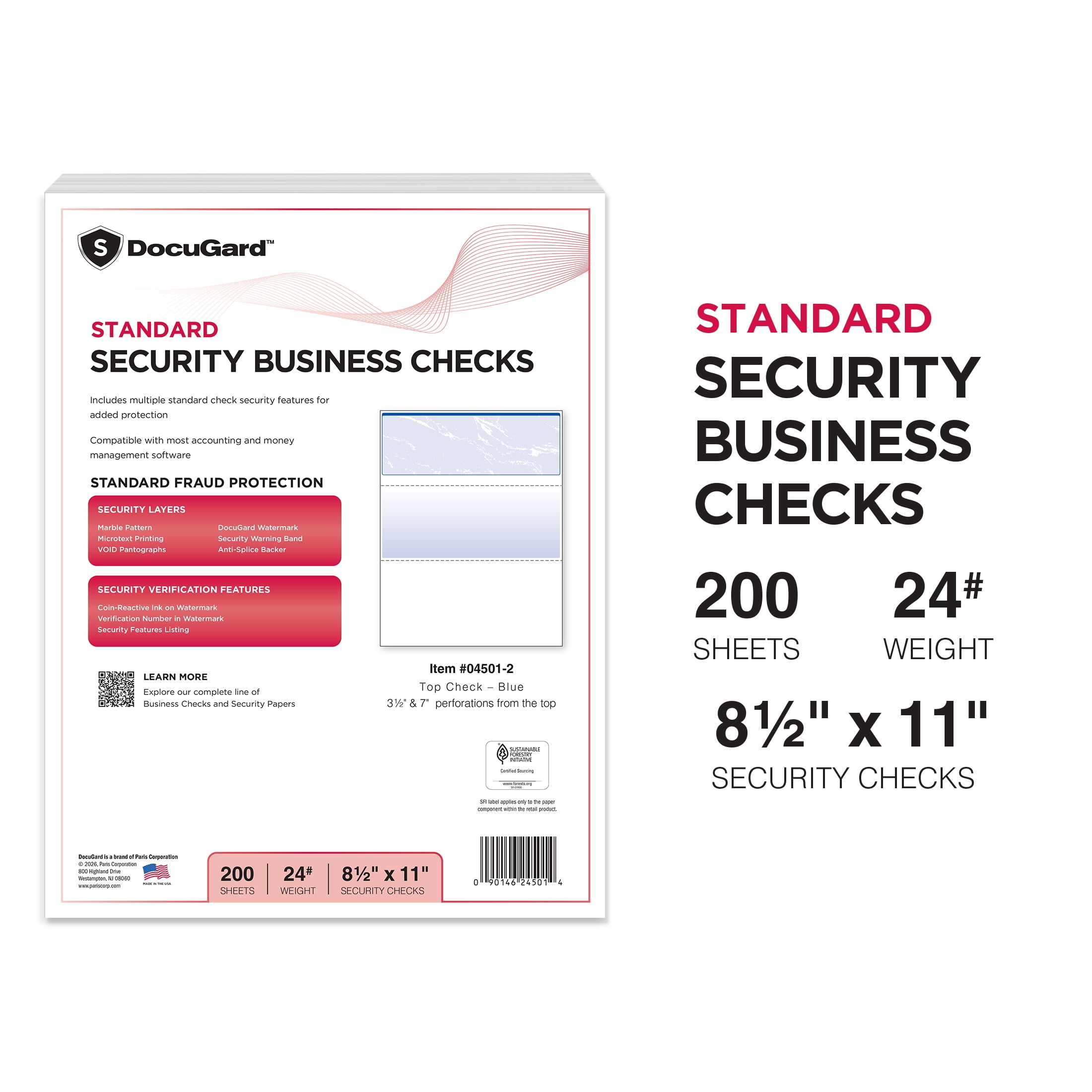 DocuGard Blank Business Checks, 8.5" x 11", Blue Marble Top, 200 Checks per Pack, 200 Sheets