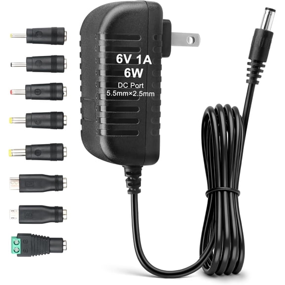6V 1A Power Supply Adapter, 6W AC to DC Wall Charger with 8 Interchangeable Tips Including Micro USB and Type C, 5.5x2.5mm Self-Adapting Plug, 6ft Cord, Center Positive