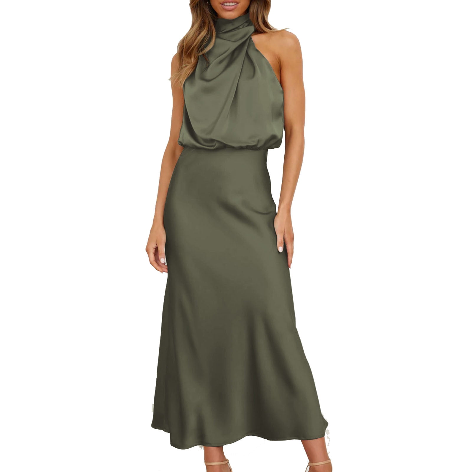 Formal Dresses for Women Evening Party Purple Satin Elegant Sleeveless Long Dress Party Dress Halter Neck Solid Ankle Length Maxi Dress Flowy High Waist Bodycon Wedding Guest Dress