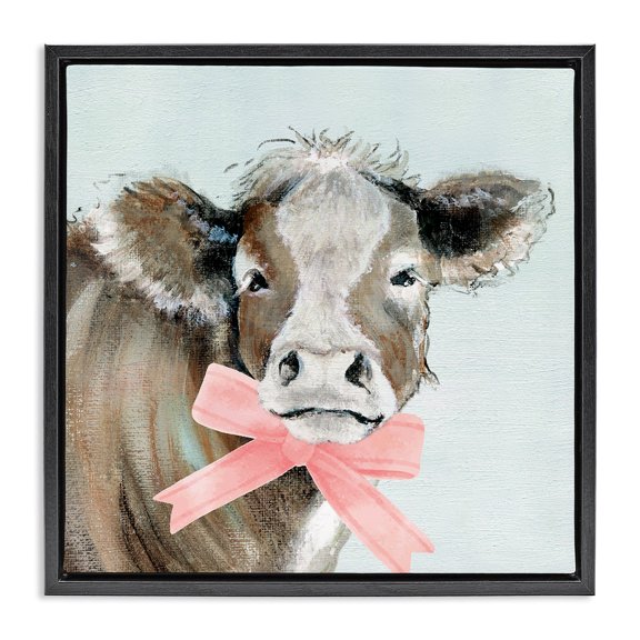 Stupell Industries Farmhouse Cow with Pastel Ribbon Black Floating Frame Canvas Art, 18 x 18, by Janet Tava