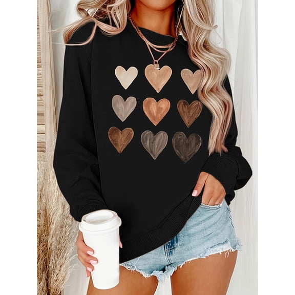 Heart Print Crew Neck Sweatshirt, Casual Long Sleeve Drop Shoulder Sweatshirt, Women's Clothing