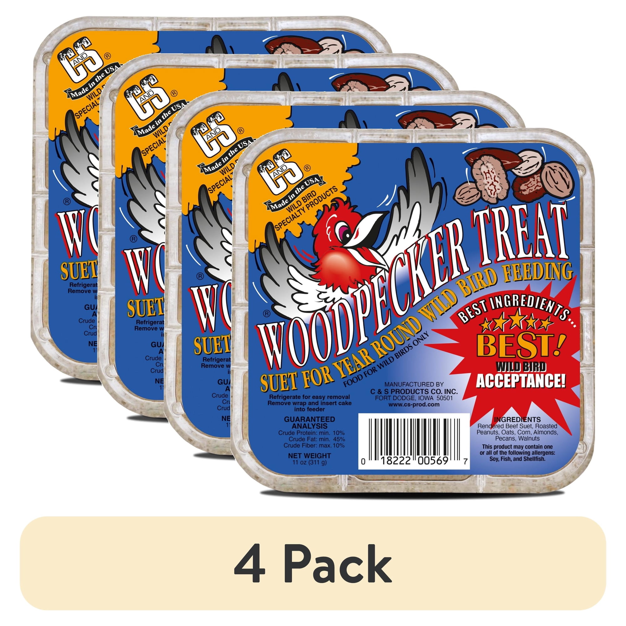(4 pack) C & S Products Woodpecker Suet Treat, 11 oz Cake, Wild Bird Food, 1 Pack. Fresh