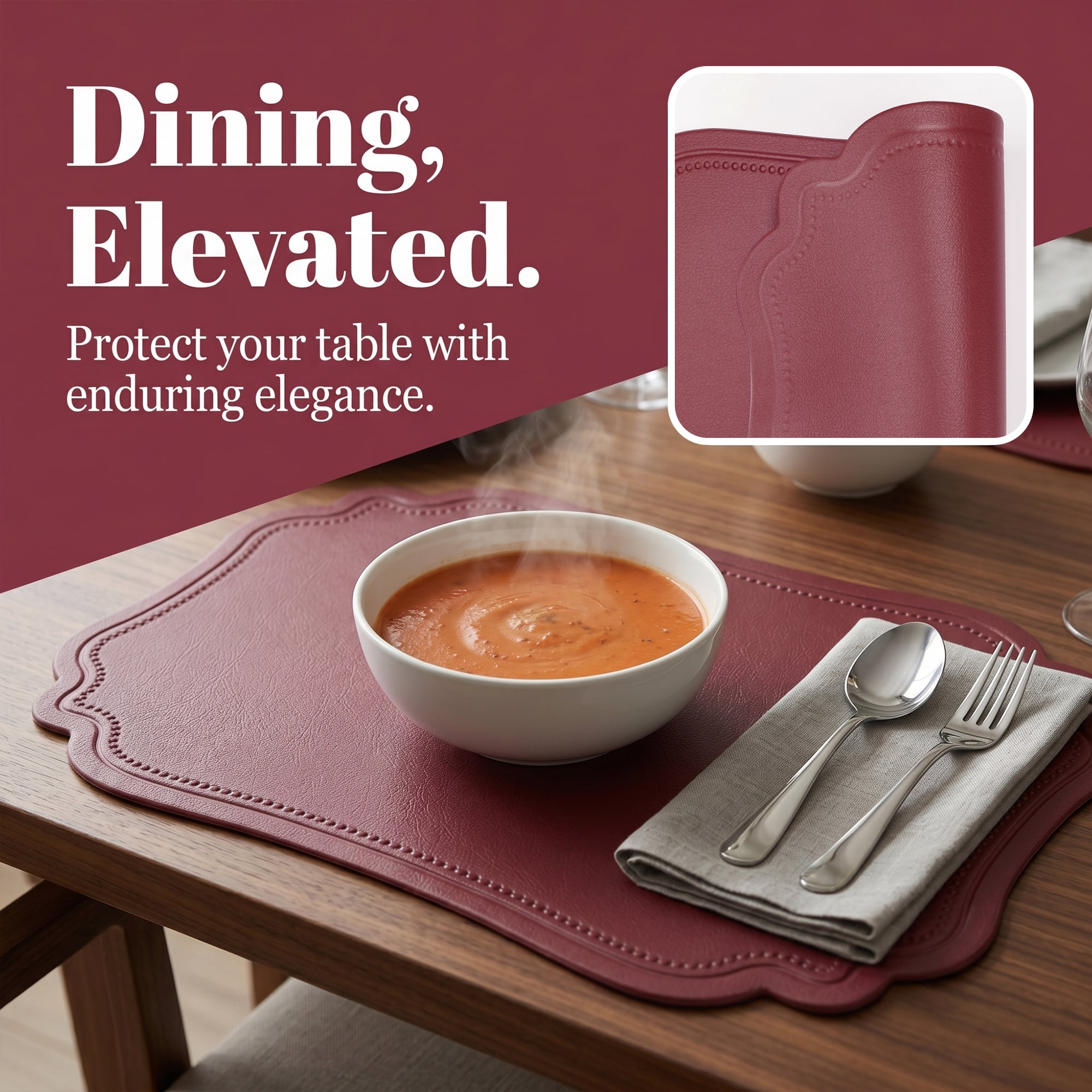 Unique Bargains Set of 6 Solid Placemats Leather Placemats for Kitchen Dining Wine Red