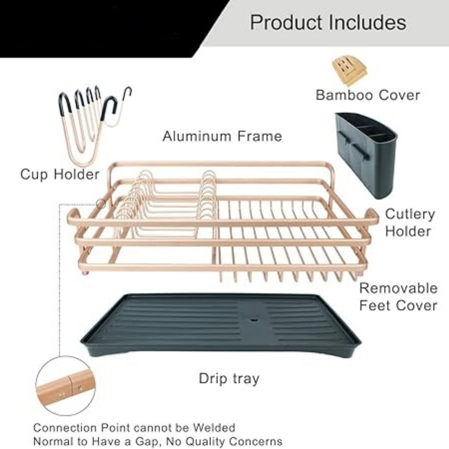 Aluminum Dish Drying Rack, Dish Racks for Kitchen Counter, Dish Drainer with Removable Cutlery Holder & Cup Holder, Unique 360° Swivel Spout Drainboard, 16.5" L x 11.8" W, Golden