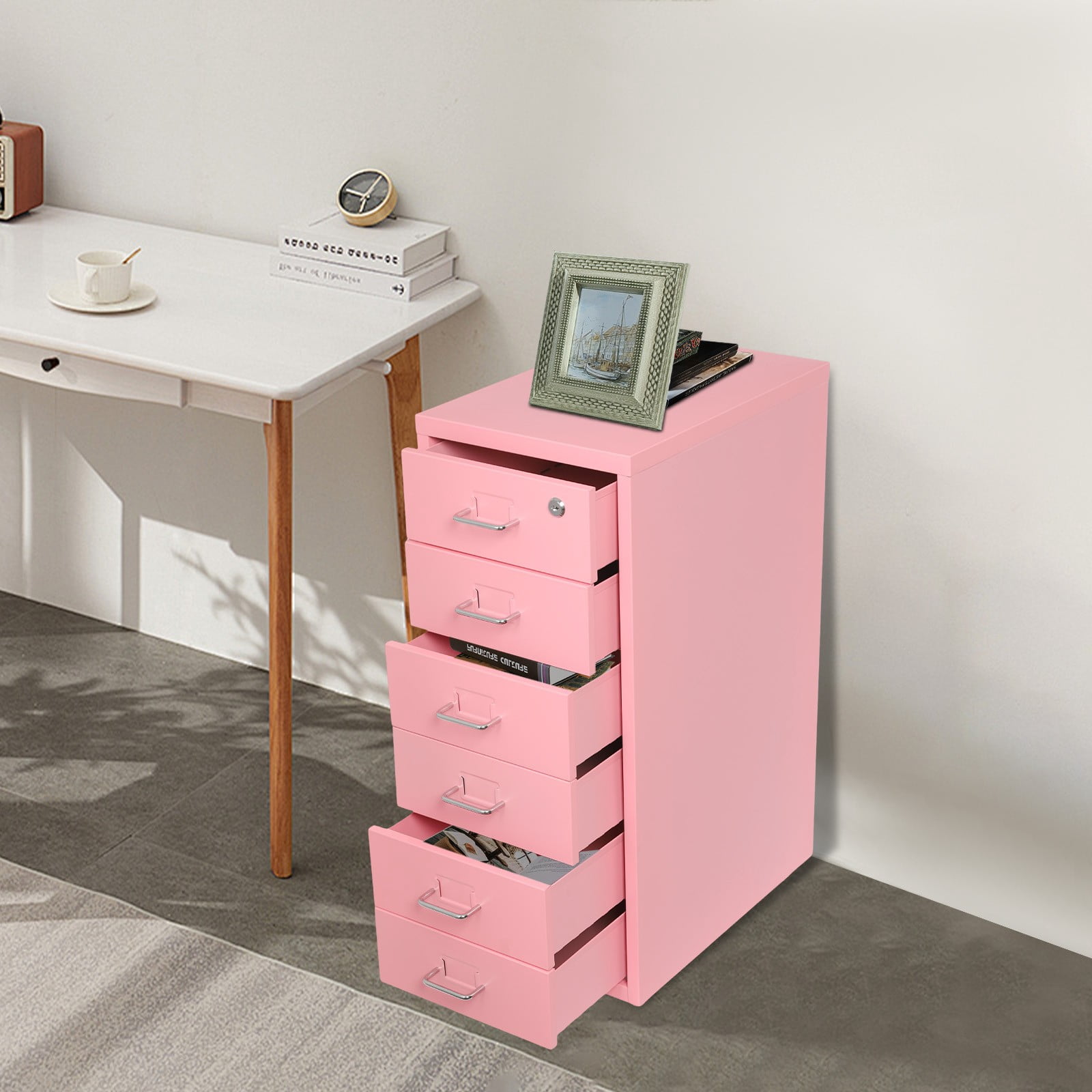 6 Drawers File Cabinet with Lock Rolling Mobile Filing Cabinet with Wheels Under Desk Vertical Filing Cabinet for Office/Home Metal Mobile Storage File Organizer for Home Office, 11*16*27in