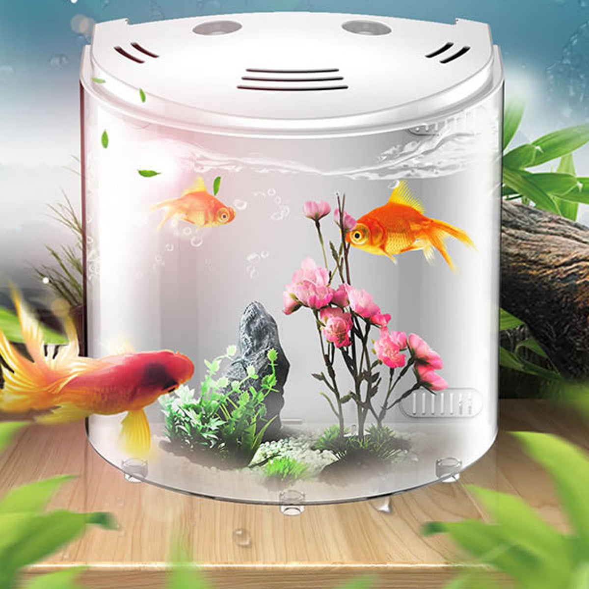 Blue Betta Bowl Aquarium Kit,Betta Starter Toy for Fish Tank,Multi Color LED Light Swimming Fish Tank with Isolation Plate & Filter Valve,Artificial Underwater Plant Water Grass GOTDCO 