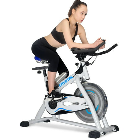 CRYSTAL Pro Health & Fitness Belt Drive Indoor Cycling Stationary Exercise Bike w/ Heart Pulse Sensor, Blue and