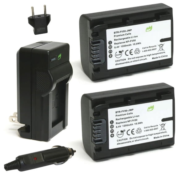 Replacement for Sony NP-FV50 Battery (2-Pack, 1200mAh) and Charger with Car Adapter