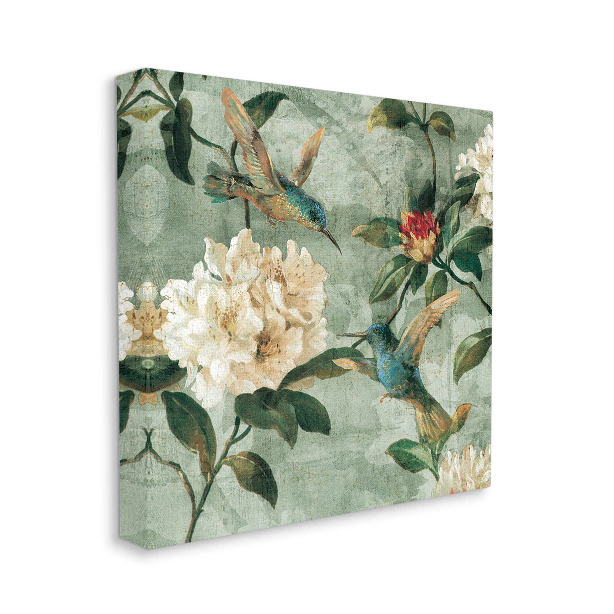 Stupell Industries Vintage Hummingbird & Flowers Botanical & Floral Painting Gallery Wrapped Canvas Art Print Wall Art, 17 x 17